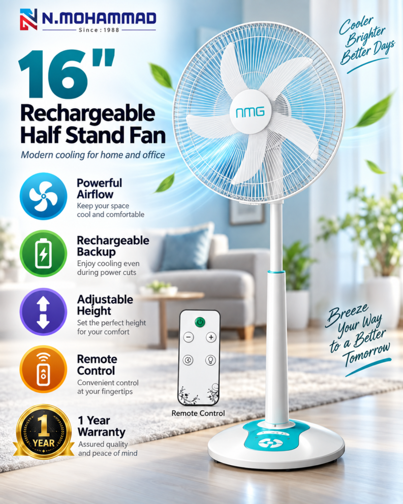 N. Mohammad 16-inch Rechargeable Half-stand Fan